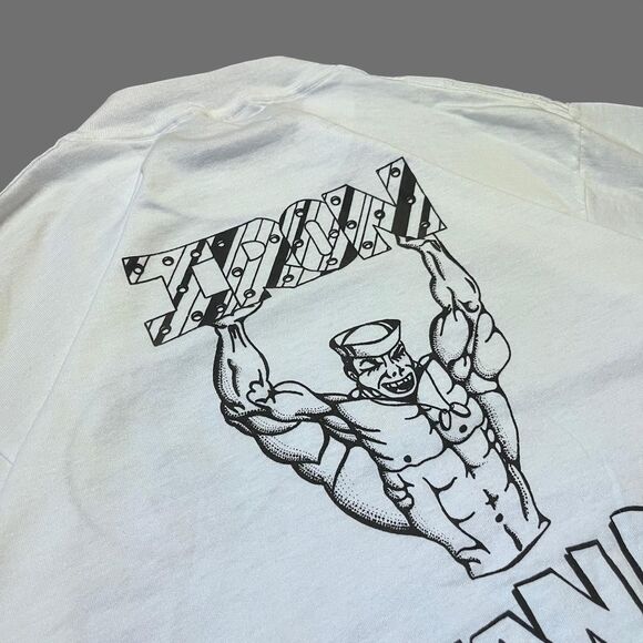 Vintage 80s Oneita Iron Man Navy Olympic White T Shirt Surfwear Sz L READ DESC - Picture 2 of 7